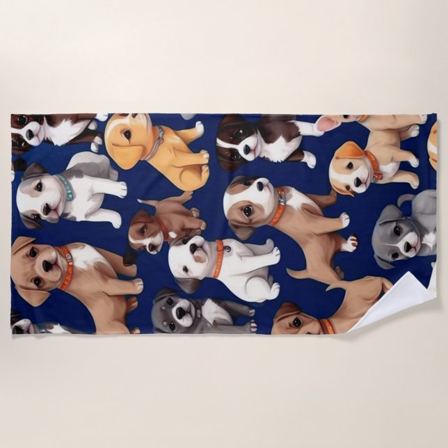Puppy Dog Navy Blue Pattern Design Beach Towel (Front)