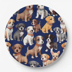 Puppy Dog Navy Blue Pattern Design Paper Plate