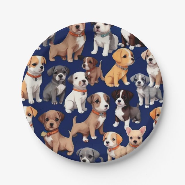 Puppy Dog Navy Blue Pattern Design Paper Plate (Front)