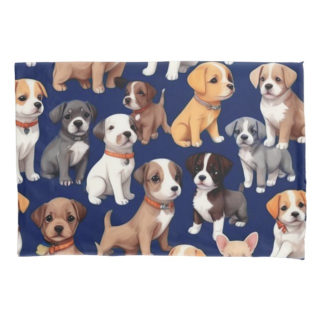 Puppy Dog Navy Blue Pattern Design Pillowcase (Front)