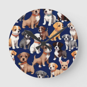 Puppy Dog Navy Blue Pattern Design Round Clock