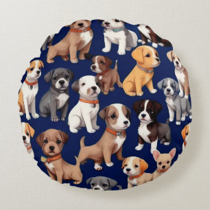 Puppy Dog Navy Blue Pattern Design Round Pillow