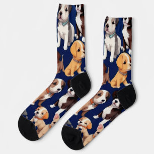 Puppy Dog Navy Blue Pattern Design Socks