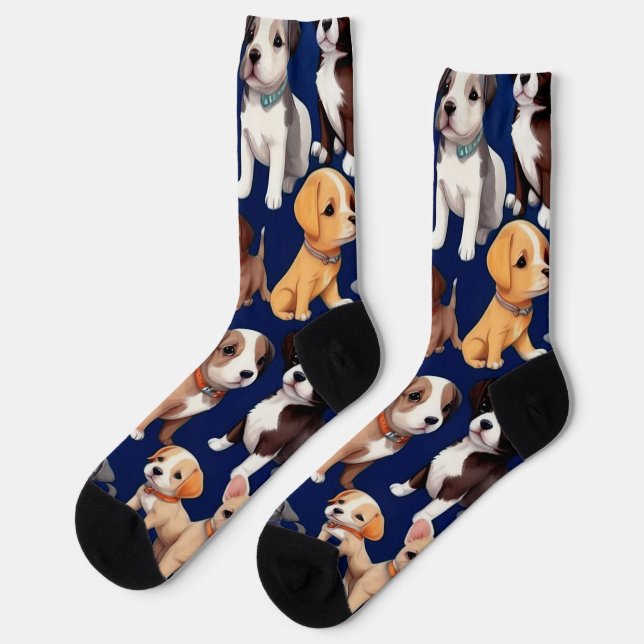 Puppy Dog Navy Blue Pattern Design Socks (Left)