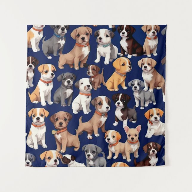Puppy Dog Navy Blue Pattern Design Tapestry (Front)