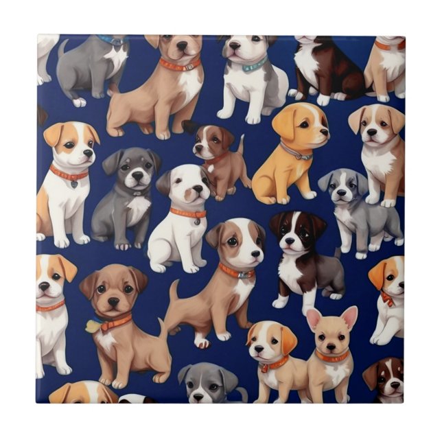 Puppy Dog Navy Blue Pattern Design Tile (Front)