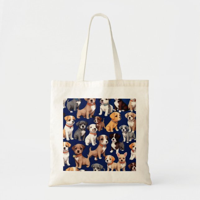 Puppy Dog Navy Blue Pattern Design Tote Bag (Front)