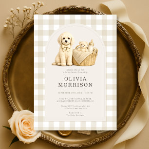 Puppy Dog Neutral Beige Gingham Baby Shower Invitation