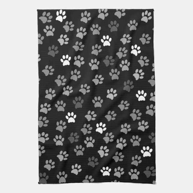 Puppy Dog Paw Print | Black White & Grey Kitchen Towel (Vertical)