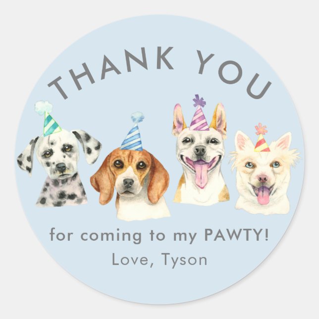 Puppy Dog Pawty Thank You Favour Classic Round Sticker (Front)