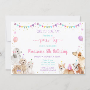 Puppy Dog Pink Gold Girl Birthday Invitation