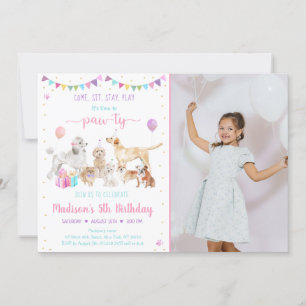 Puppy Dog Pink Gold Girl Birthday Invitation