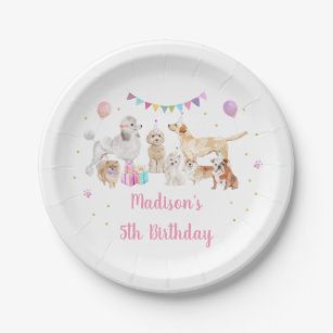 Puppy Dog Pink Gold Paw-ty Girl Birthday  Paper Plate