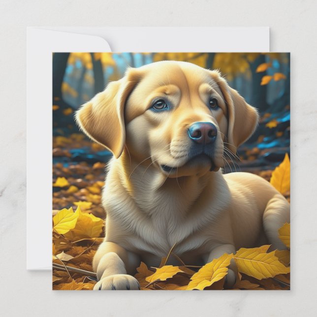 Puppy Dog Playing in Fall Leaves   (Front)