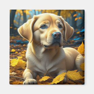 Puppy Dog Playing in Fall Leaves   Magnet