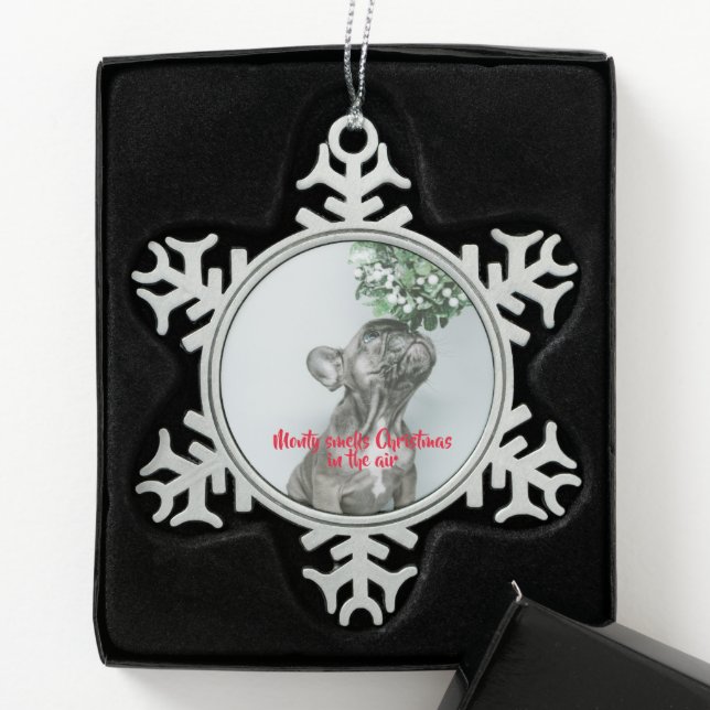 Puppy Dog Pug Photo Typography Cute Snowflake Pewter Christmas Ornament (Box)