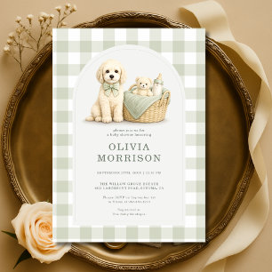 Puppy Dog Sage Green Gingham Baby Shower Invitation