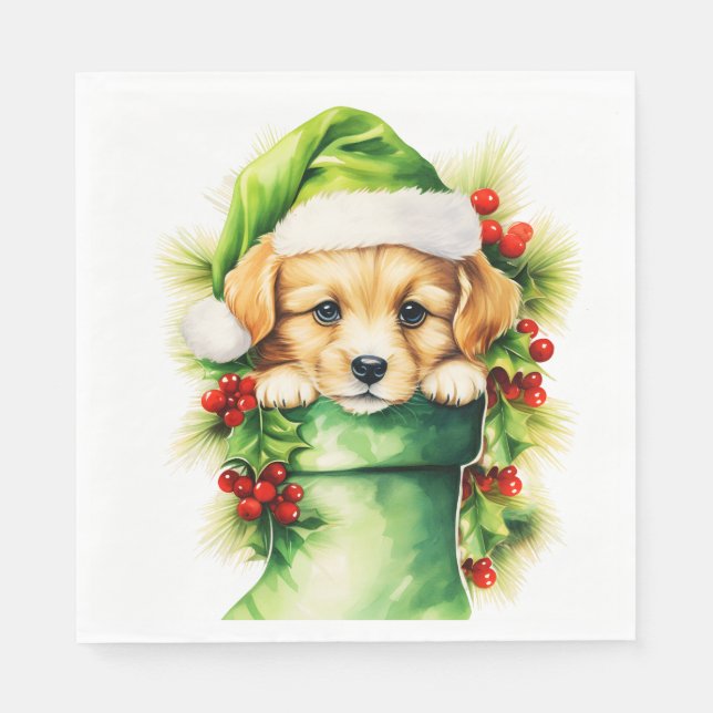 Puppy Dog Santa Hat Golden Retriever Christmas  Napkin (Front)