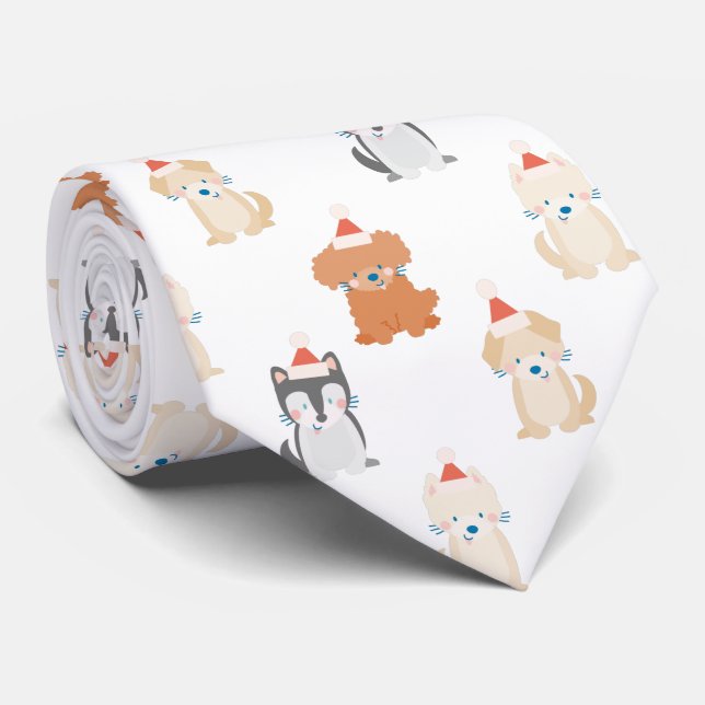Puppy Dog Santa Pattern Cream Holiday Tie (Rolled)