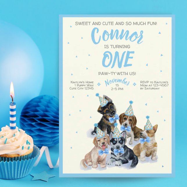 Puppy Dog Theme Boy First Birthday Party Invitation (Puppy Dog Theme Boy First Birthday Party Invitatio)