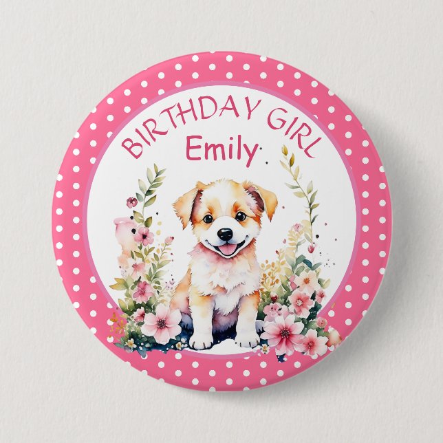 Puppy Dog Themed Personalized Birthday 3 Inch Round Button (Front)