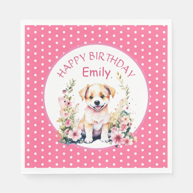 Puppy Dog Themed Personalized Birthday Napkin (Front)