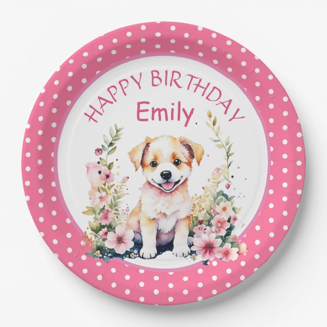 Puppy Dog Themed Personalized Birthday Paper Plate (Front)