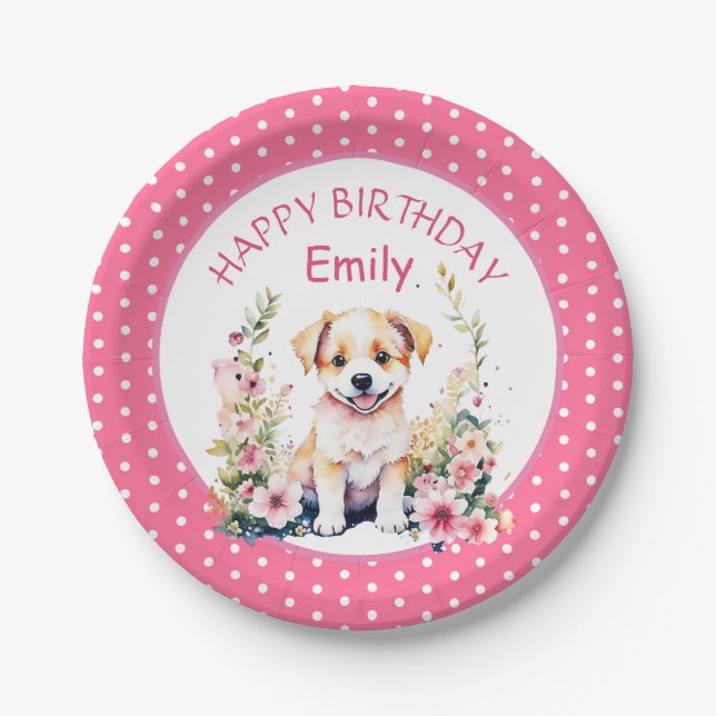 Puppy Dog Themed Personalized Birthday Paper Plate (Front)