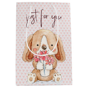 Puppy Dog with Flowers On Pink Hearts Medium Gift Bag