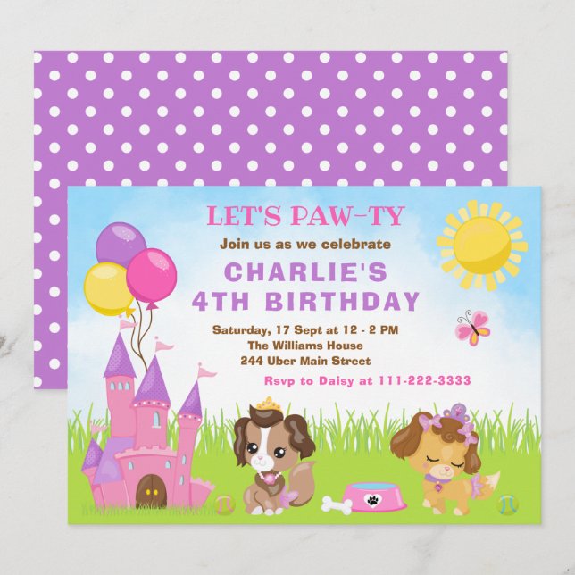 Puppy Dogs Castle Pink Birthday Party Invitation (Front/Back)