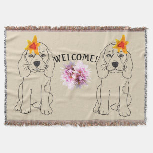 Puppy Drawing Flowers Welcome Text Throw Blanket