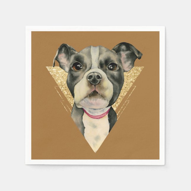 "Puppy Eyes" Pit Bull Dog Watercolor Painting 3 Napkin (Front)