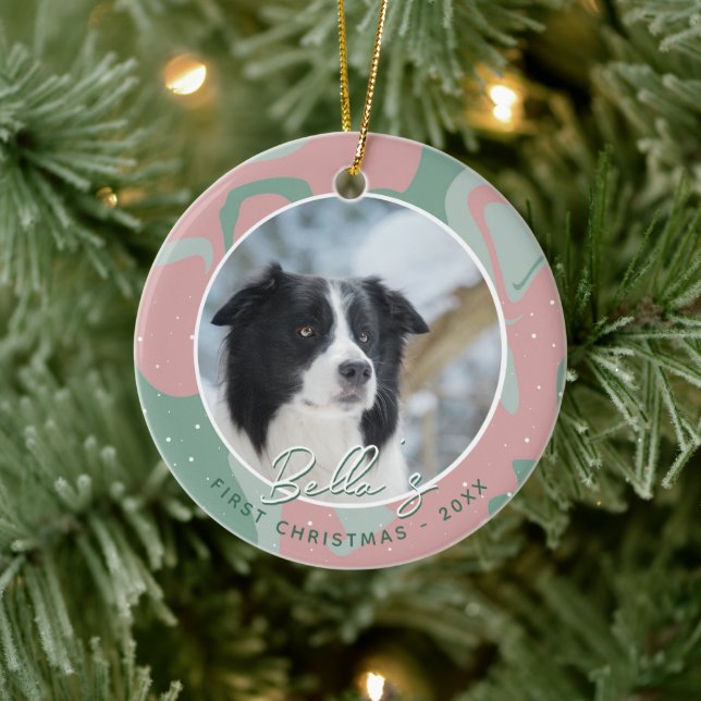 Puppy First Christmas Border Collie Dog Photo  Ceramic Ornament (Tree)