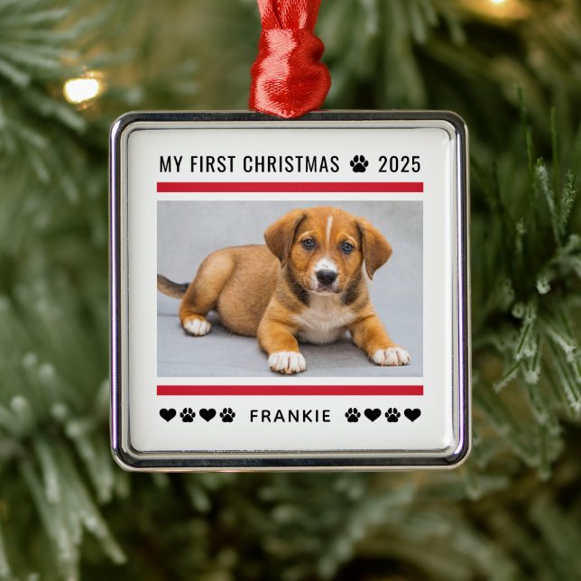 Puppy First Christmas Red Custom Photo Metal Ornament (Tree)