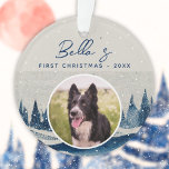 Puppy First Christmas Winter Forest Dog Photo Ornament<br><div class="desc">Puppy First Christmas Winter Forest Dog Photo Ornament. Winter snowy forest landscape and snowflakes. Custom photo in a round frame. Add your dog photo,  name and year.</div>