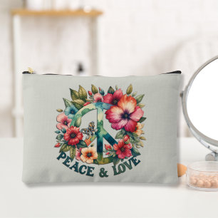 Puppy & Floral 70s Retro "Peace & Love" Peace Sign Accessory Pouch