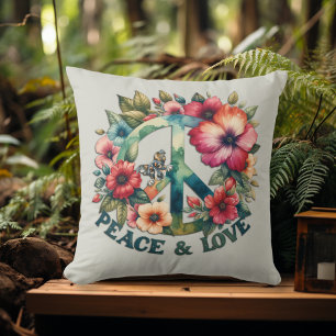 Puppy & Floral 70s Retro "Peace & Love" Peace Sign Throw Pillow