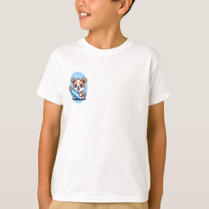 Puppy Holding Blue Surfboard Kids T-Shirt
