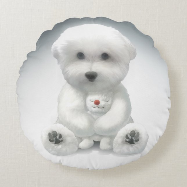 Puppy Hugging His Toy Round Pillow (Front)