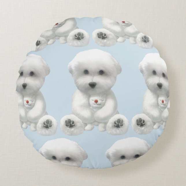 Puppy Hugging His Toy Round Pillow (Front)