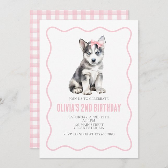 Puppy husky preppy plaid birthday invitation (Front/Back)