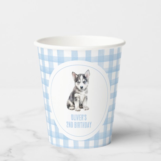 Puppy husky preppy plaid birthday paper cups (Front)