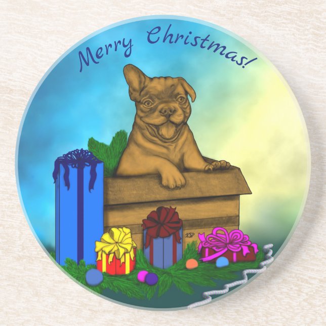 Puppy in A Box , Merry Xmas Coaster (Front)