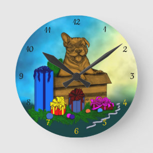 Puppy in A Box , Merry Xmas Round Clock