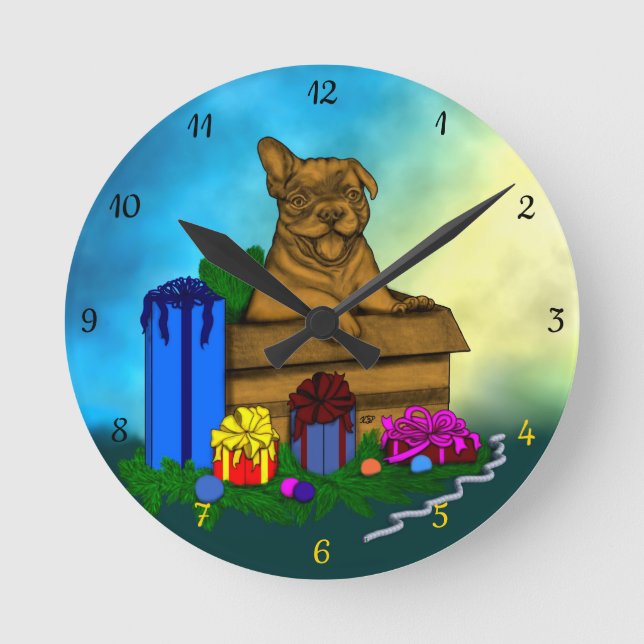 Puppy in A Box , Merry Xmas Round Clock (Front)