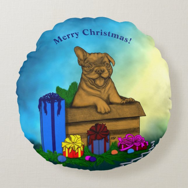 Puppy in A Box , Merry Xmas Round Pillow (Front)