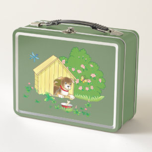 puppy in a kennel and a bone in a bowl metal lunch box