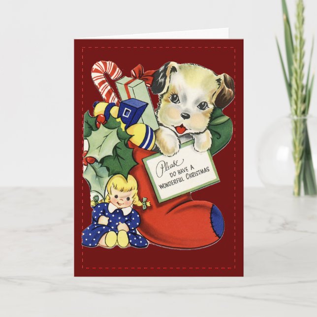 Puppy in Christmas Stocking - Vintage Card (Front)