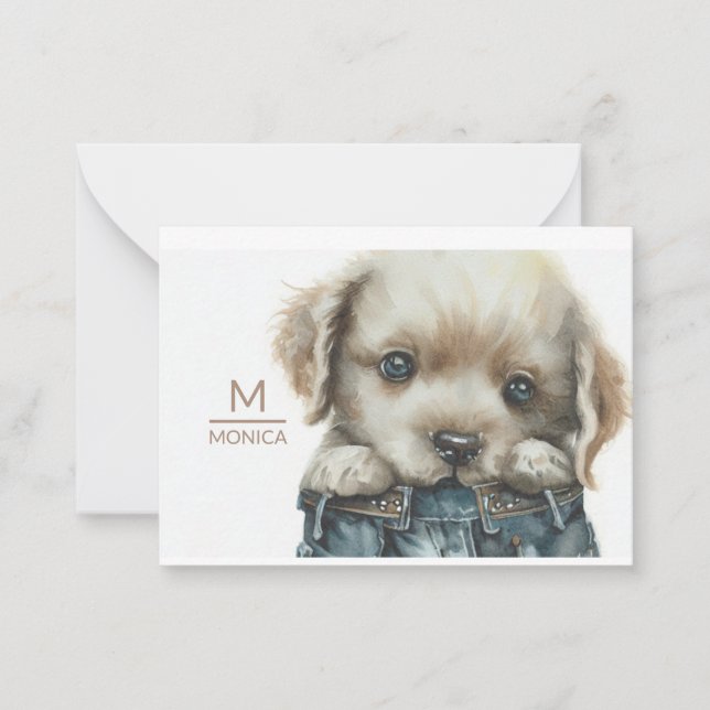 Puppy in Jeans Art Monogram Personalized Note Card (Front)