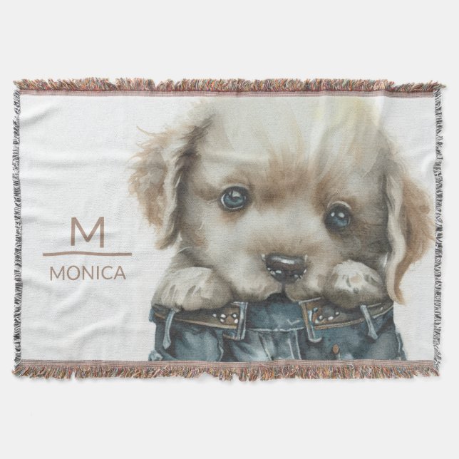 Puppy in Jeans Art Monogram Personalized Throw Blanket (Front)